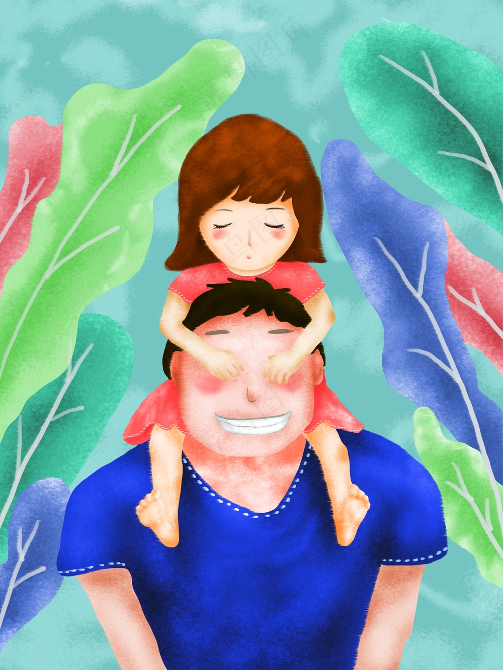 捂眼暖色可爱风父亲节插画模板 