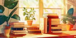 世界读书日窗前书桌书本绿植卡通插画背景