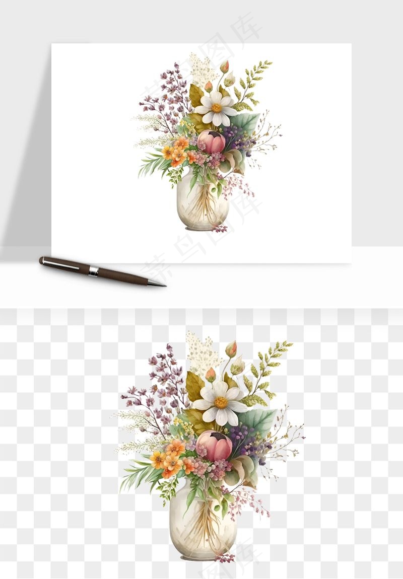 手绘花瓶花艺png免抠