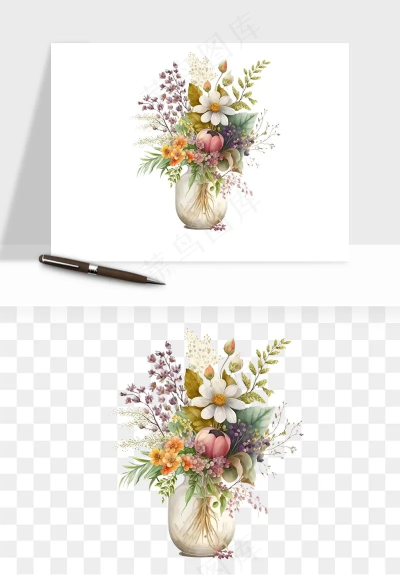 手绘花瓶花艺png免抠