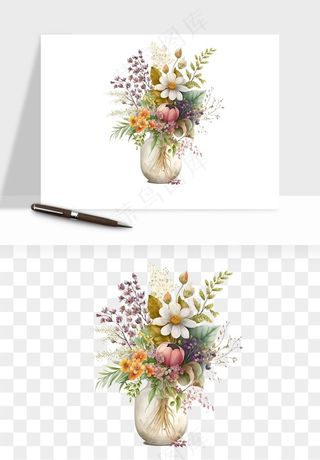手绘花瓶花艺png免抠