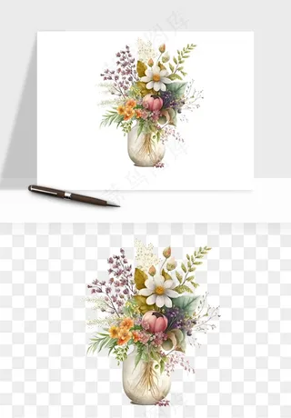手绘花瓶花艺png免抠