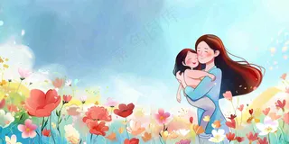 母亲节妈妈亲情抱着孩子鲜花光辉插画背景