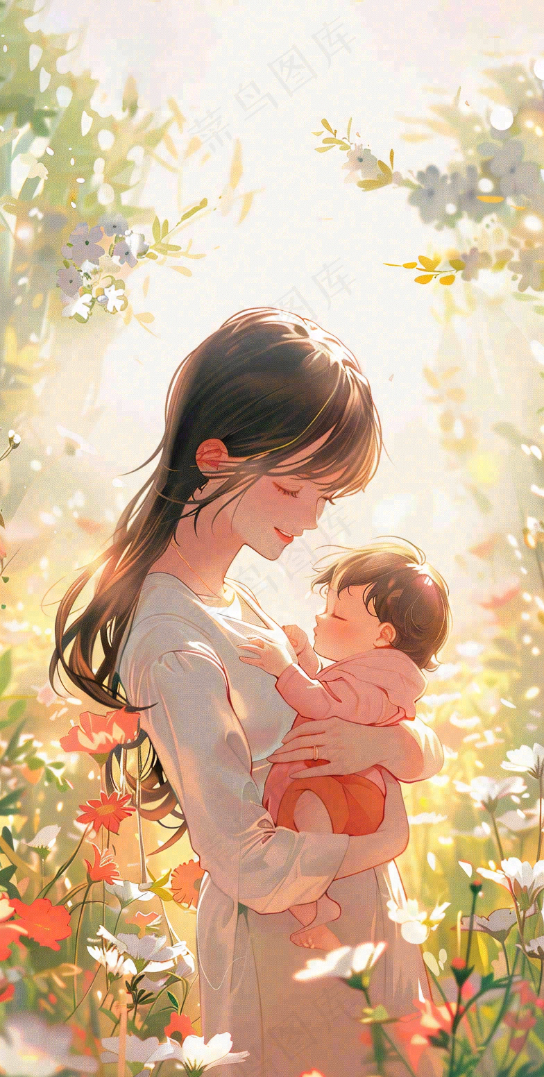 母亲节妈妈亲情抱着孩子鲜花光辉插画背景