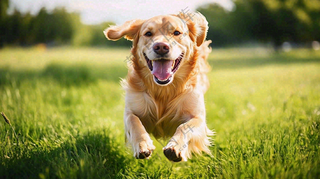 草丛里飞奔的金毛小狗宠物动物摄影图