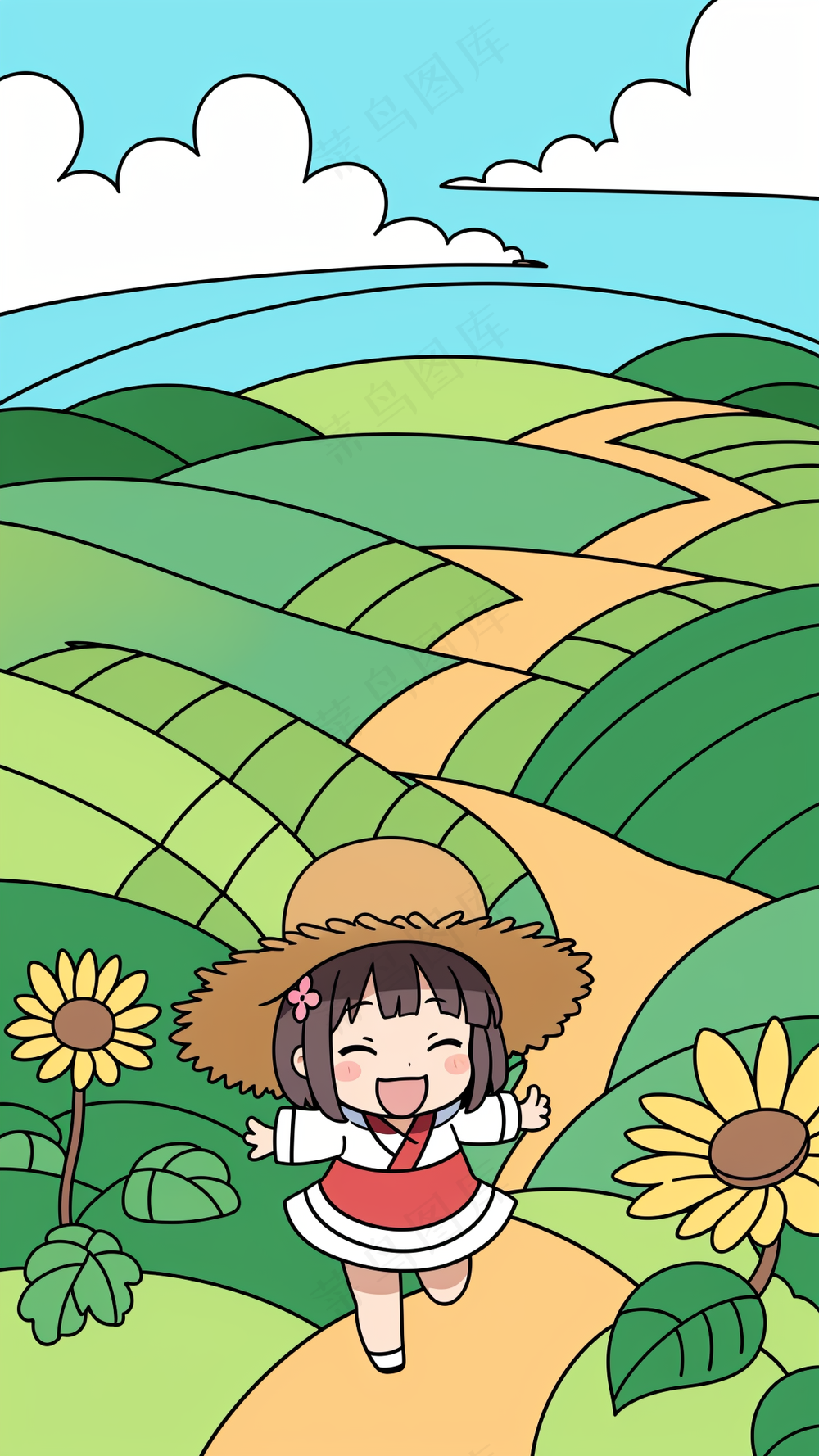 可爱小女孩奔跑在田野小路上 儿童简笔画 手抄报元素