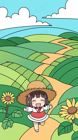 可爱小女孩奔跑在田野小路上 儿童简笔画 手抄报元素