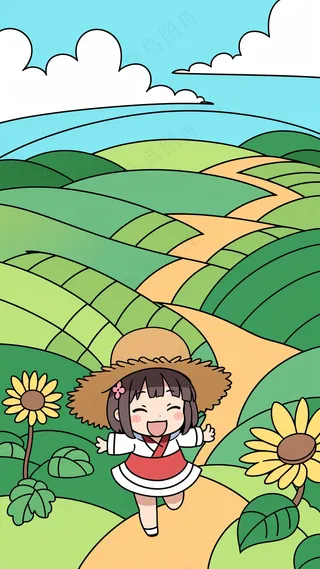 可爱小女孩奔跑在田野小路上 儿童简笔画 手抄报元素