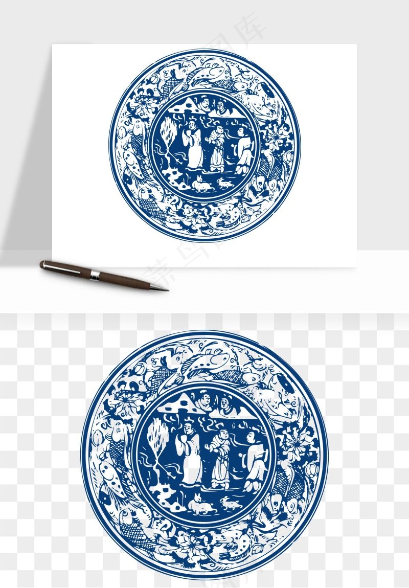 青花瓷花纹花卉图案png免抠
