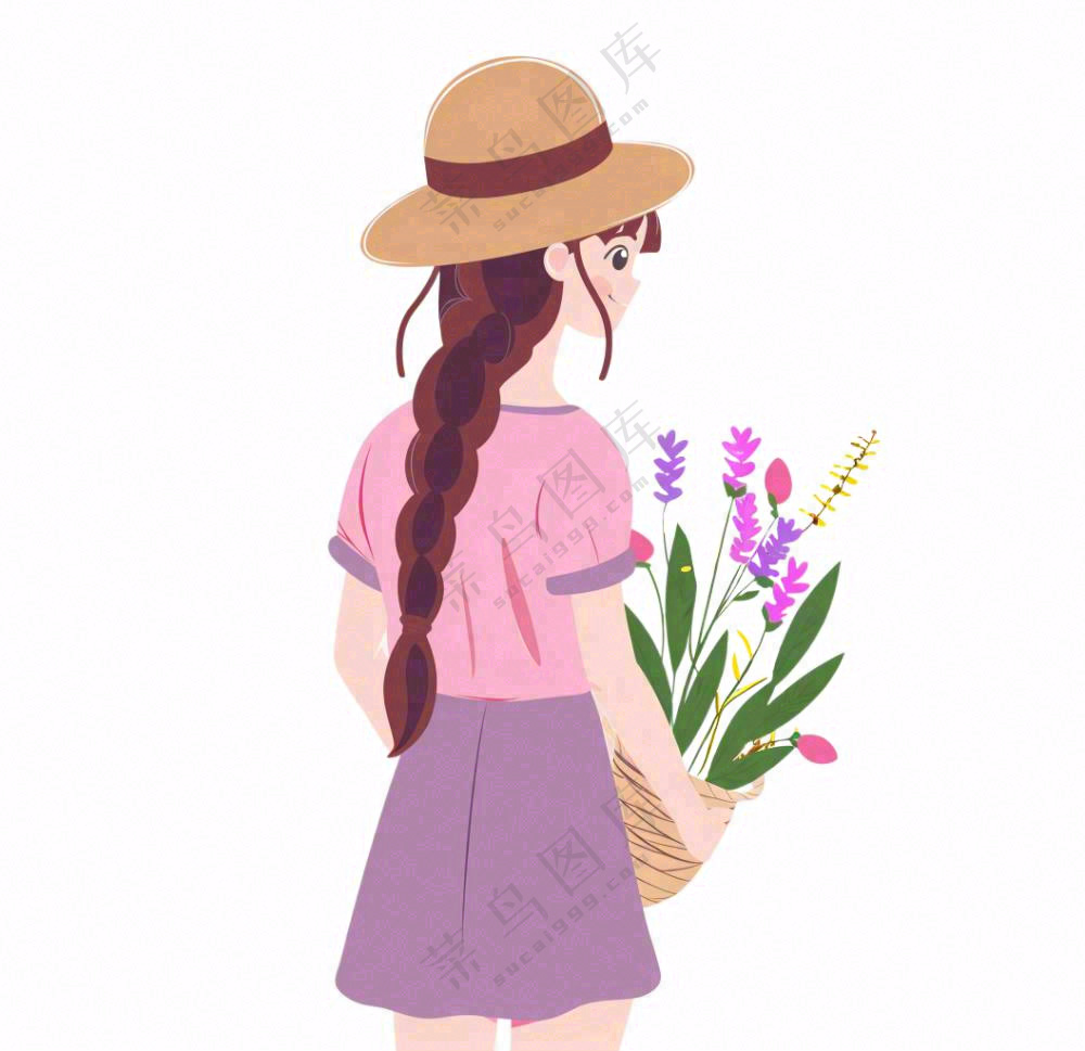 抱着花束的女孩人物卡通插画免抠