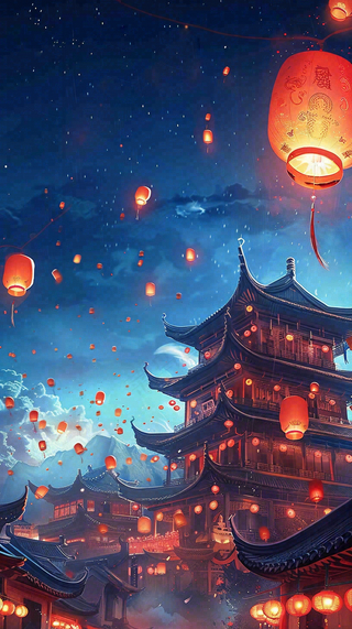 夜晚点灯孔明灯祈福中元节寒衣节插画背景