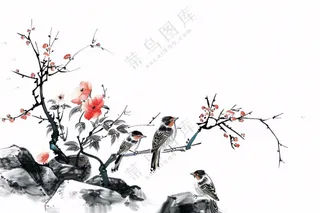 水墨画崖壁上的梅花小鸟古典风山水插画免抠