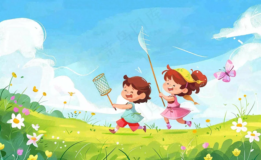 草坪扑蝴蝶的孩子们儿童节卡通插画背景