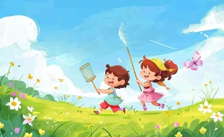 草坪扑蝴蝶的孩子们儿童节卡通插画背景