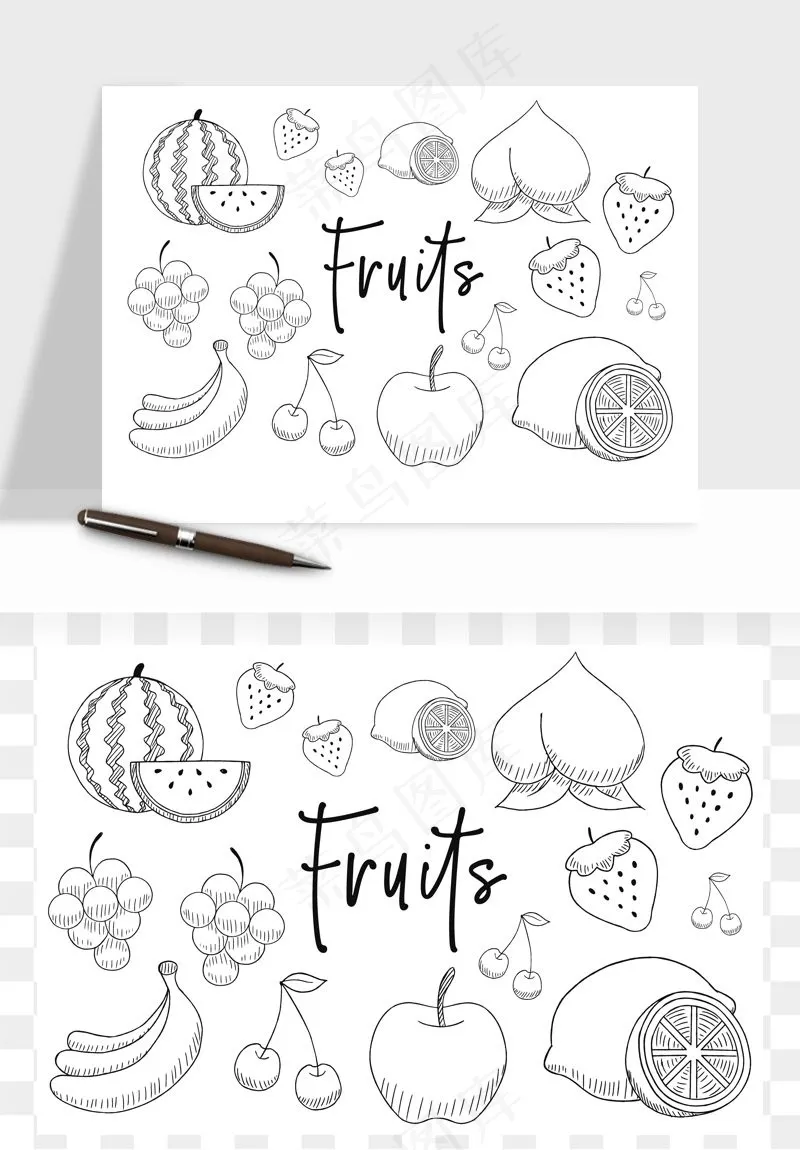 手绘线描水果蔬菜矢量