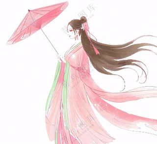 穿着粉色裙子的古风少女打伞纸伞人物插画免抠