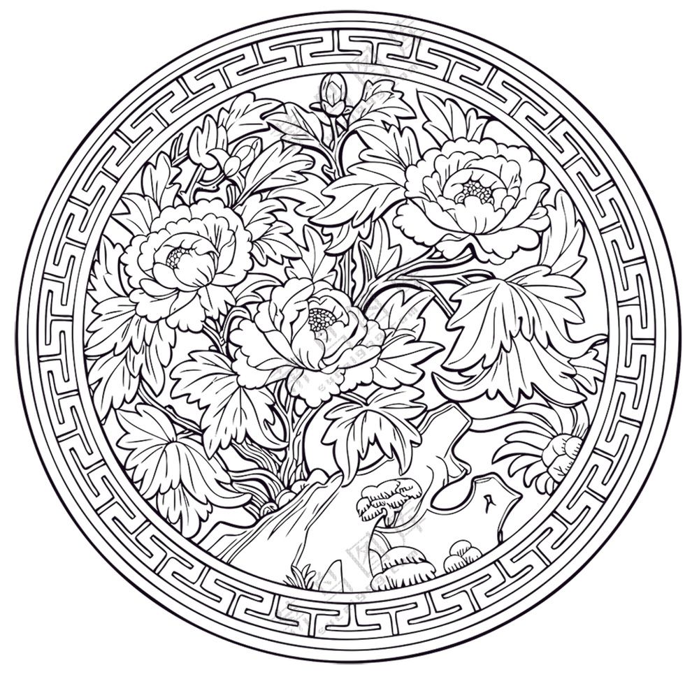 黑色简约牡丹雕刻图案