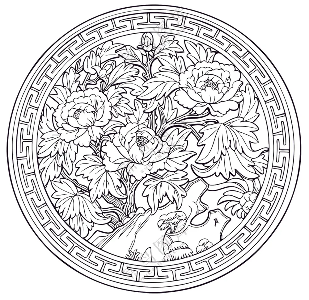 黑色简约牡丹雕刻图案