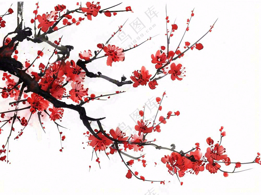 红色梅花傲雪水墨画插画免抠