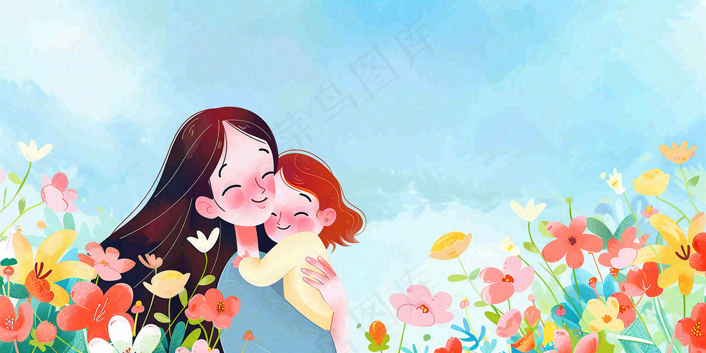 母亲节妈妈亲情抱着孩子鲜花光辉插画背景