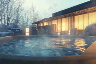 户外天然温泉汤浴秋冬摄影图