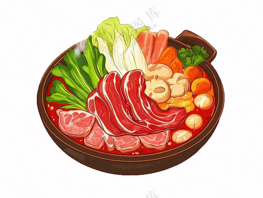 麻辣烫火锅海鲜肉类时蔬插画免抠