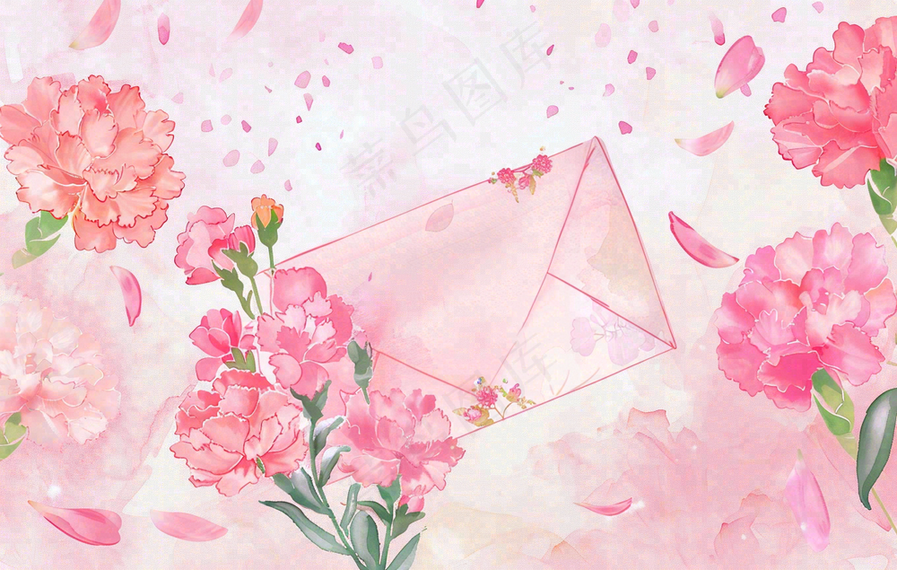 母亲节鲜花花束信封康乃馨粉色插画背景