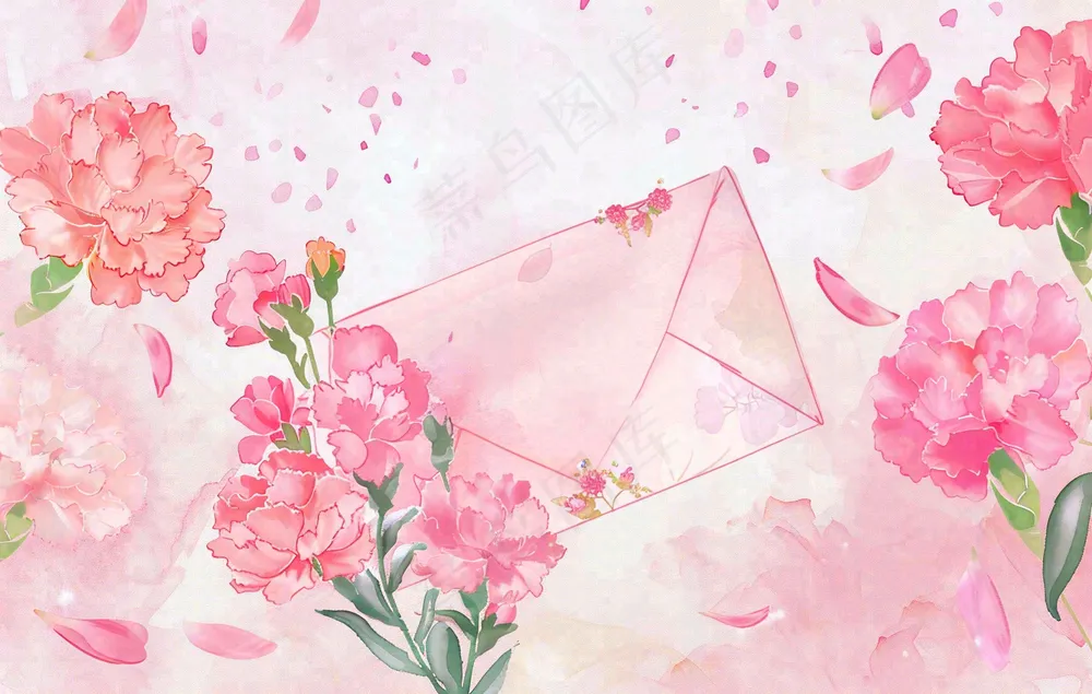 母亲节鲜花花束信封康乃馨粉色插画背景