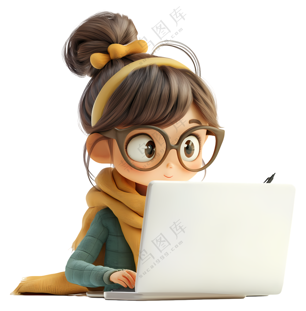 可爱的女孩在笔记本电脑上工作