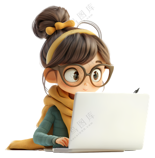 可爱的女孩在笔记本电脑上工作