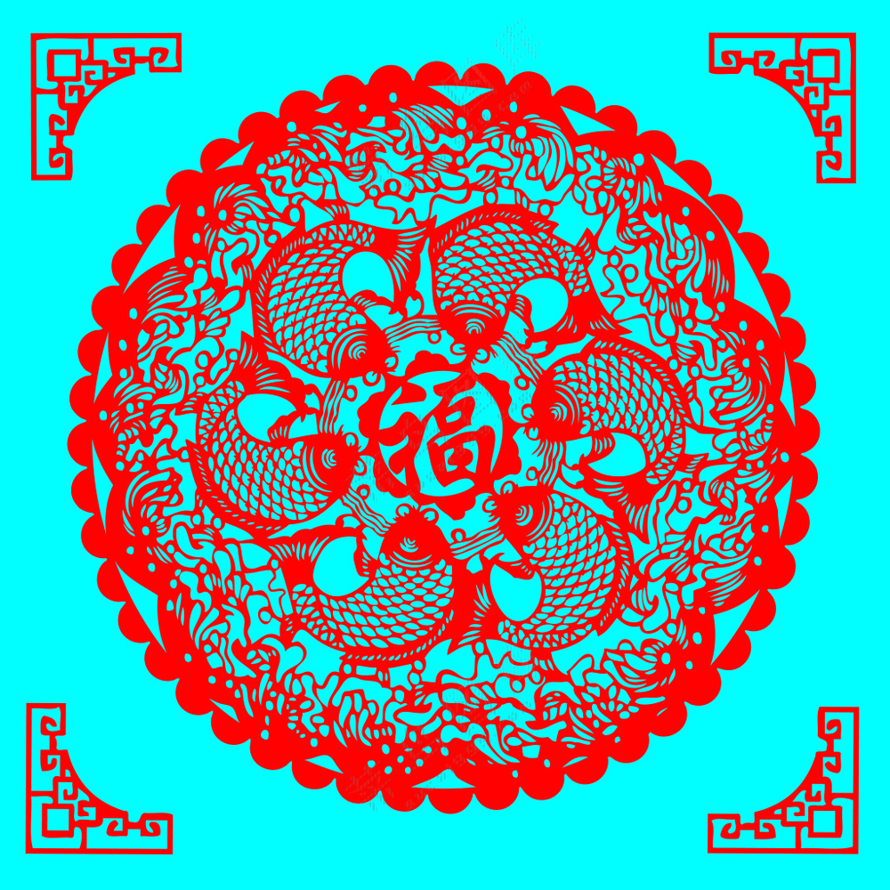 红色圆形鱼团花剪纸