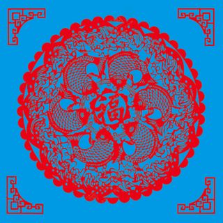 红色圆形鱼团花剪纸