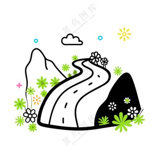 简约线条小山丘山路野花