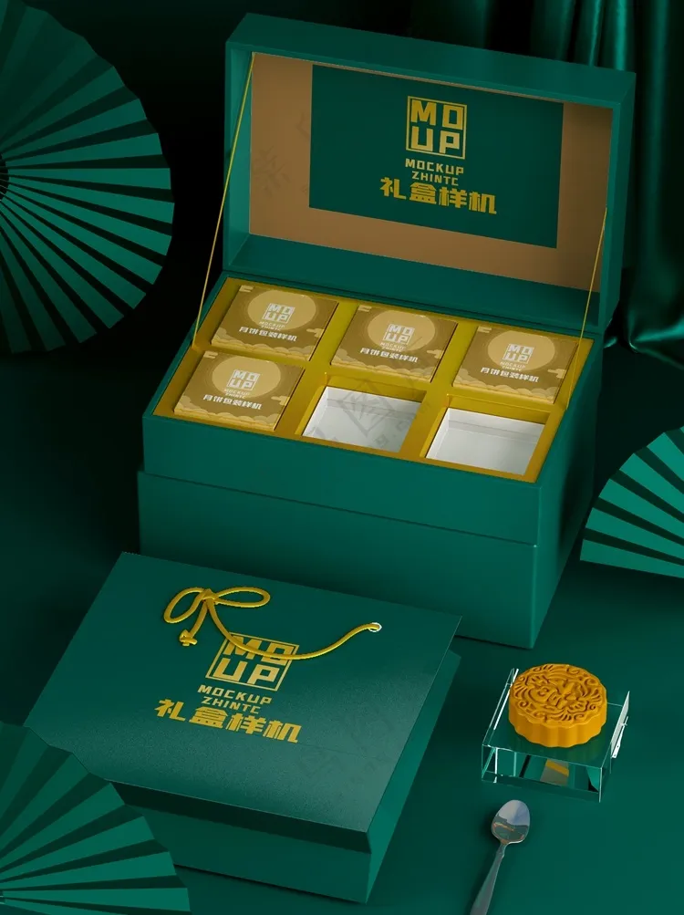 绿色中式传统中秋节月饼礼盒包装psd样机021