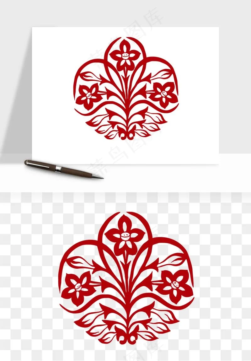 传统剪纸植物花卉png免抠