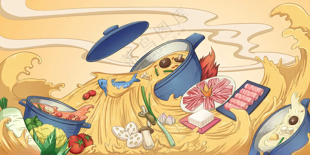 国潮串串火锅插画国潮美食餐厅国潮餐饮背景