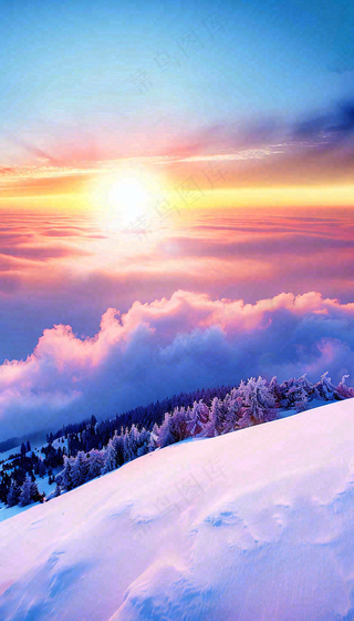 冬季夕阳晚霞雪山山林立冬小寒大寒小雪摄影图