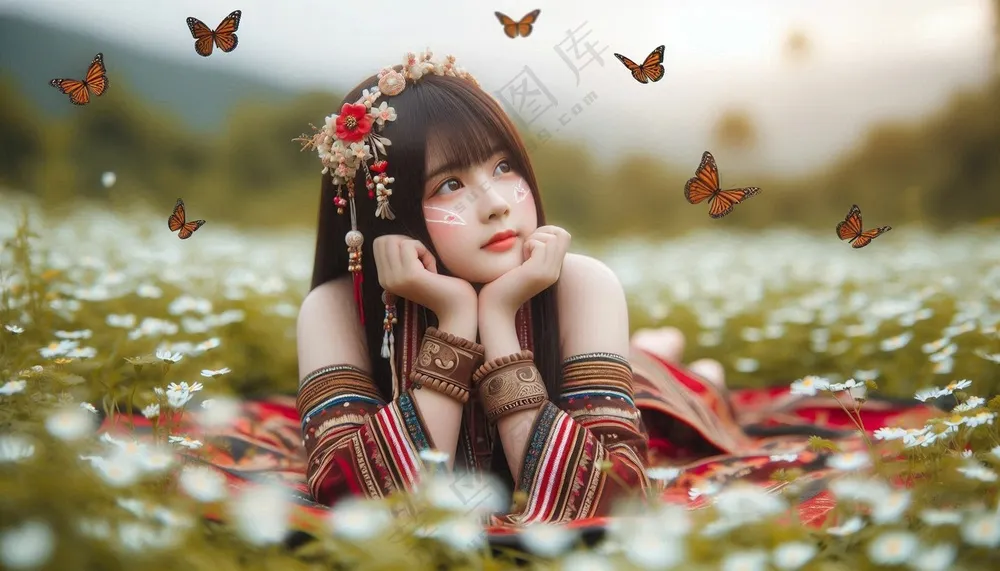 白色雏菊花海蝴蝶美女