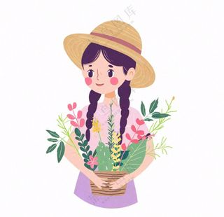抱着花束的女孩人物卡通插画免抠