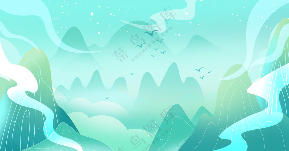 蓝色山水中式国风国潮背景