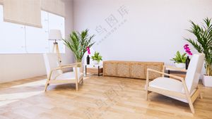 白色墙最微小和zen内部的白色墙壁上椅子和电视机柜3d