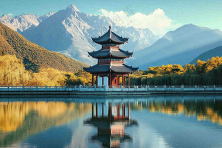 秋天湖泊高山森林凉亭塔大自然风光摄影图