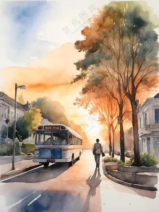 黄昏唯美城市街道水彩画