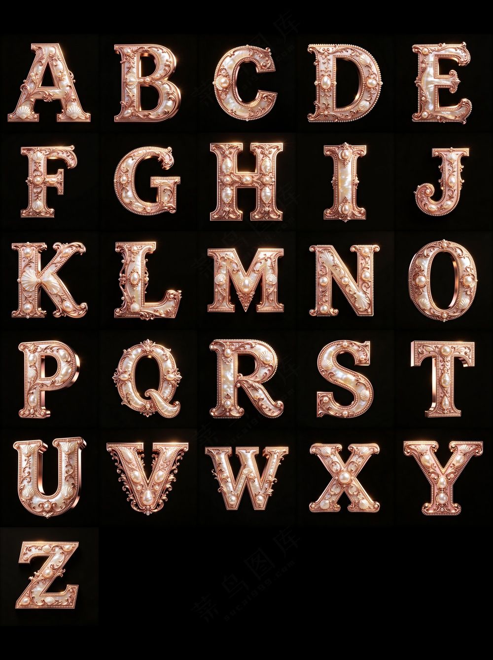 3D巴洛克金属风格艺术字母英文A-Z
