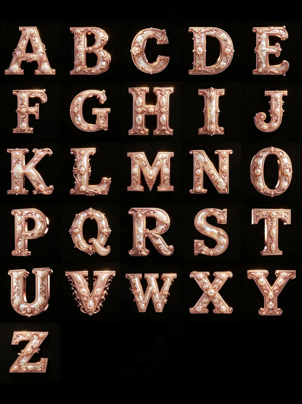 3D巴洛克金属风格艺术字母英文A-Z