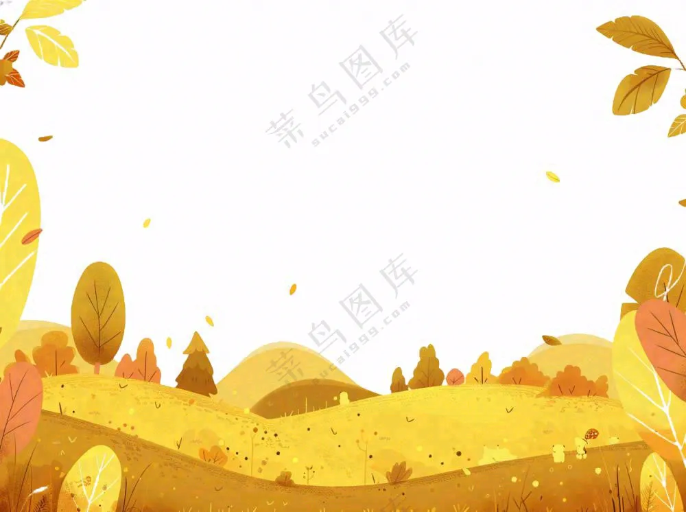 秋天山林草原黄色树叶卡通插画免抠