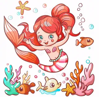 海洋美人鱼珊瑚鱼童话卡通插画免抠