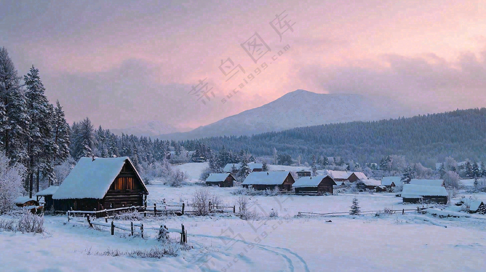 雪山下的村庄晚霞风景雪景摄影图