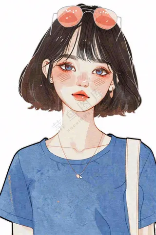 蓝色衣服的少女女生人物卡通插画免抠