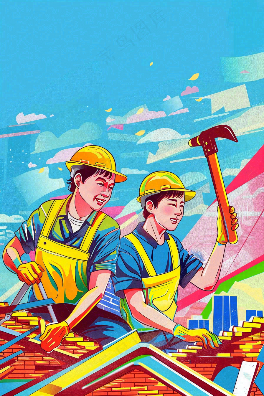 卡通插画工地辛勤劳动工人劳动节插画背景